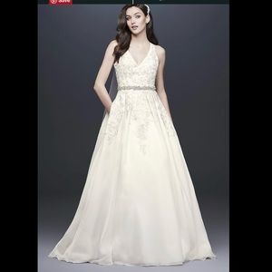 David’s Bridal. Illusion back organza halter dress